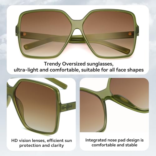 Dollger Oversized Square Sunglasses for Women Big Large Wide Fashion Shades for Men UV Protection Unisex - color: J:jelly Green Frame Gradient Brown Lens