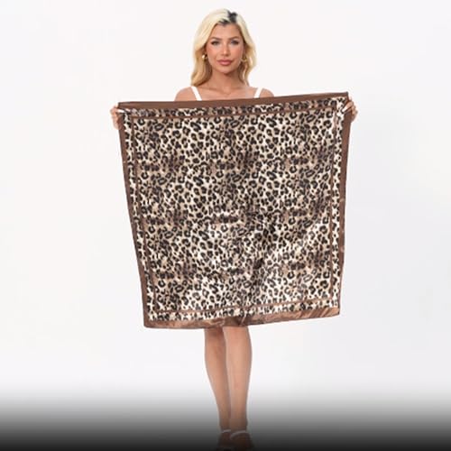 Leopard Print Head Scarf for Women Like Silk Satin Scarf for Hair Wrapping at Night Bandana Square Scarf 35 Inches - color: Brown