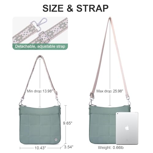 Anti Theft Crossbody Bags for Women,Quilted Puffer Travel Purses Shoulder Hobo Bag Handbag with Guitar Strap - color: Green