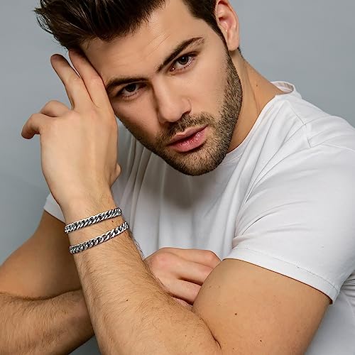 2Pcs Stainless Steel Bracelets for Men 14K Gold Plated Cuban Link Figaro Rope Silver Chain Bracelet Set Curb Width Sturdy Bracelet 7.5/8.3/9 Inches Jewelry Gifts for Dad Husband - color: A:Silver-Cuban Link, size: Display Length: 8.3 Inches