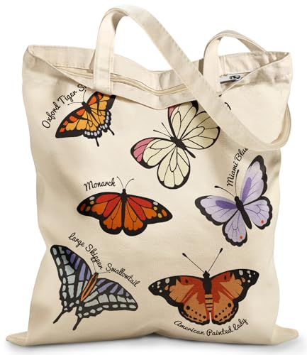 Miss Adola Canvas Tote Bag with Zipper – Cute Canvas Bags for Women Aesthetic Design Reusable Totes for Shopping Work Travel - style: Colorful Butterfly