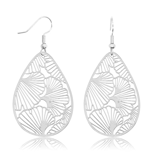 Teardrop Earrings for Women, 14K Plated Dangle Earrings Handmade Filigree Teardrop Dangling Earrings Ginkgo Hypoallergenic 925 Sterling Leaf Earrings for women - color: Maple Leaf Silver