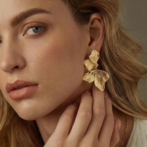 Gold Statement Earrings For Women 18K Gold Plated Sectored Flower Leaf Shell Angel Wing Earring Large Stud Earrings Hypoallergenic Stud - color: Large flower earrings
