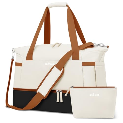 ETRONIK Gym Bag for Women, 45L Carry On Travel Duffel Bag with Shoes Compartment, Weekender Overnight Bag with Wet Pocket for Women, Travel, Gym, Weekend, Large Size - color: White Black Brown, size: Large