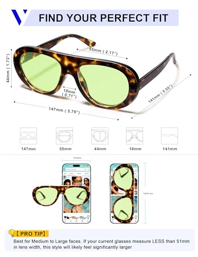VANLINKER Oversized Retro Aviator Sunglasses for Women Men Chic 70s Vintage Style Trendy 2026 Chunky Sun Glasses VL9865 - color: C5 Tortoise Frame/Light Green Lenses