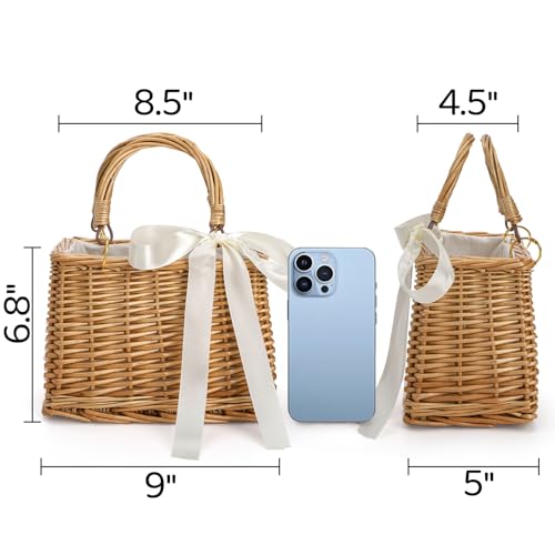Pumtus Handwoven Rattan Handbag, Wicker Rectangle Basket Purse with White Ribbon, Summer Beach Top Handle Clutch, Boho Style Woven Purse, Rustic Flower Basket for Women, Travel, Vacation, Wedding