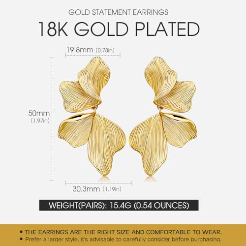 Gold Statement Earrings For Women 18K Gold Plated Sectored Flower Leaf Shell Angel Wing Earring Large Stud Earrings Hypoallergenic Stud - color: Flower Leaf Earrings