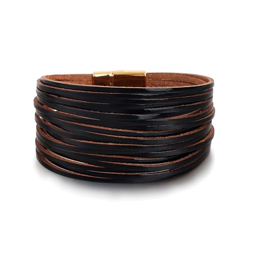 Edoneery Leather Wrap Bracelet for Women, Boho Handmade Multi-Layer Cuff with Crystal Beads Heart, Stackable Bangle Western Jewelry Gift - style: Leather(Black)