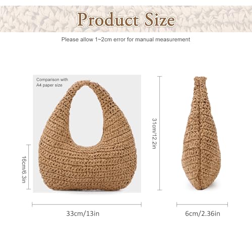 Fecialy Straw Bag for Women Crescent Shoulder Handbag Straw Summer Beach Tote Handbag Raffia Woven Hobo Bag - color: Brown