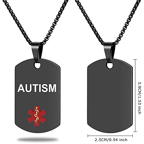 Medical Alert ID Necklace, Laser Engraved Autism, Stainless Steel Tag Pendant with 23.6 inch Chain for Men Women - color: Black, size: AUTISM