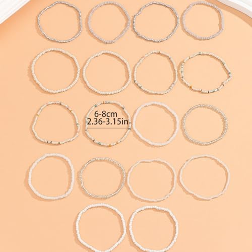 18-20PCS Colorful Bohemia Seed Beaded Bracelets Set Stackable Boho Stretch Bangle Bracelets Multilayer Boho Anket Concert Summer Beach Vaction Surf Jewelry Accessory - color: White-18pcs
