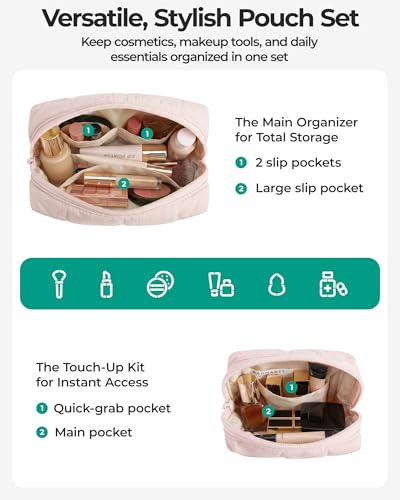 BAGSMART Makeup Bag Duo Set, Puffy Padded Travel Cosmetic Organizer with Slip-in Pockets, Large Toiletry Bag & Small Purse Pouch, Travel Essentials for Women, Black - color: 13-Black