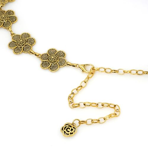 Women's Western Chain Belt Boho Waist Chain Chunky Metal Belts for Dresses - color: Flower Gold, size: Fits Waist 26"-35"