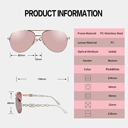 FONHCOO Aviator Sunglasses for Women Men Metal Frame UV400 Mirrored Sunglasses - color: Pink&white