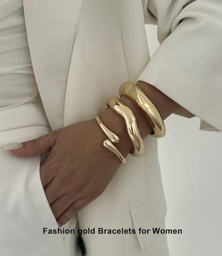 Chunky Gold Bangles Bracelets for Women Gold Cuff Bracelet Set Waterproof Non Tarnish Stack Bracelet for Women Jewelry