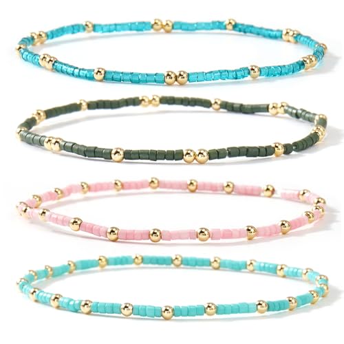Dainty Gold Colorful Beaded Bracelets Stack for Women,4PCS Cute Bohemian Colorful Small Beads Stackable Stretch Bracelet Set Trendy Holiday Party Accessories Jewelry Gift Friendship - color: Green Cyan