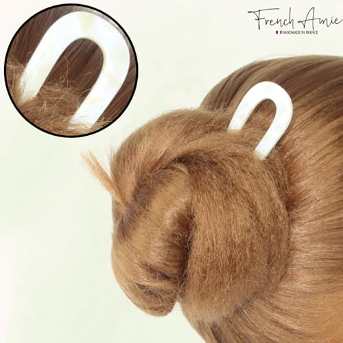 French Amie Ivory White Cream Handmade Large Cellulose Acetate Chignon Bun Holder U Hair Pin Stick (Ivory white cream) - color: Pearl Ivory