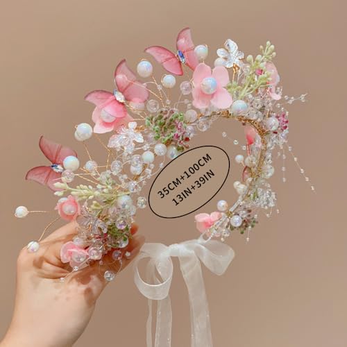Boho Floral Crown for Women– Adjustable Faux Silk Flower Headband, Handmade Wedding Hair Accessory for Festivals & Photoshoots, Flower Hair Crown for Women (Pink Butterfly, Adjustable) - color: Pink Butterfly