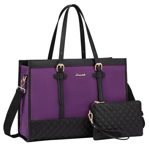 LOVEVOOK Laptop Bag for Women 15.6 inch Canvas Laptop Tote Bag, Large Capacity Work Bag with Clutch Purse, Computer Bag Office Business Briefcase, Casual Handbag for Travel College Teacher School - color: Black & Purple, size: 15.6 inch