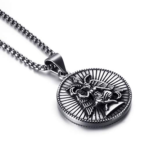 Men Stainless Steel Pendant Necklace Baphomet Goat Satanic Satan Leviathan Cross Demon Devil Lucifer Sulfur Both Sided Pendants Chain - color: Silver Black-A