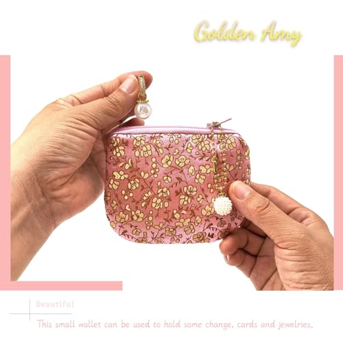 Handmade Women Coin Purse Rosary Pouch Silk Jewelry Bag Brocade Zipper Wallet - Pink - color: Pink