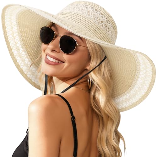 Womens Beach Sun Straw Hat, Wide Brim Sun Hat Travel Foldable Summer Wind Lanyard UPF 50+ - color: Beige With Lace