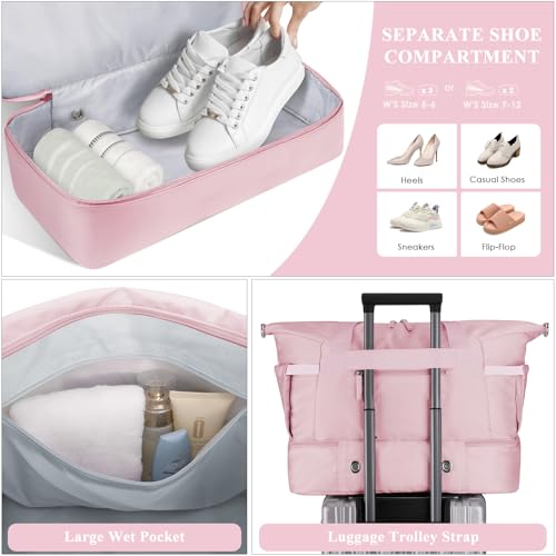 ETRONIK Gym Bag for Women, 45L Carry On Travel Duffel Bag with Shoes Compartment, Weekender Overnight Bag with Wet Pocket for Women, Travel, Gym, Weekend, Large Size - color: Pink, size: Large
