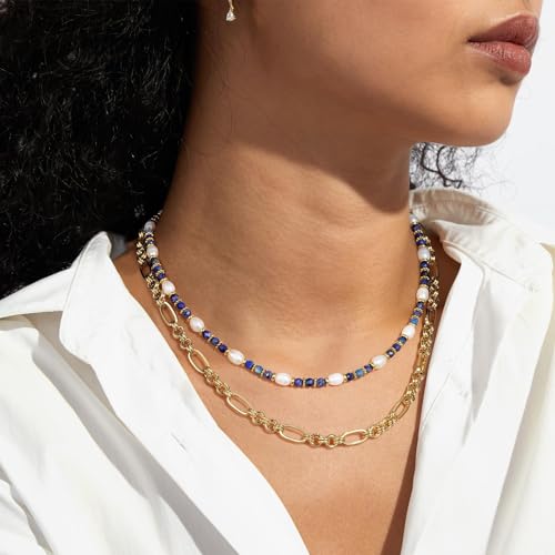KissYan Beaded Choker Necklace for Women, Colorful Natural Gemstones Pearl Choker 14K Gold Plated Pendant Healing Crystal Necklace Handmade Stone Jewelry Gift - color: Q-Lapis lazuli