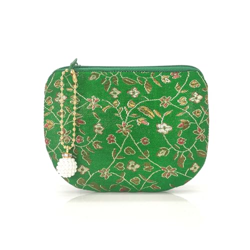 Handmade Women Coin Purse Rosary Pouch Silk Jewelry Bag Brocade Zipper Wallet - Green - color: Green