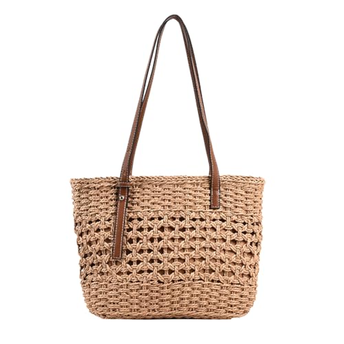 Stylish Boho Straw Tote Bag Hand-woven Purse Beach Handbag Summer Shoulder Bag With Adjustable Strap - color: Khaki
