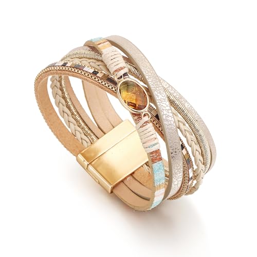 Edoneery Leather Wrap Bracelet for Women, Boho Handmade Multi-Layer Cuff with Crystal Beads Heart, Stackable Bangle Western Jewelry Gift - style: BohoKhaki