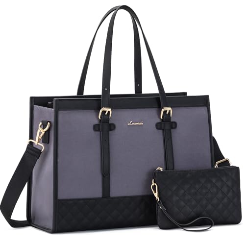LOVEVOOK Laptop Bag for Women, 15.6 inch Canvas Tote, Large Capacity Work Bag with Clutch Purse, Computer Office Business Briefcase, Casual Handbag for Travel, College, Teacher, School - color: Grey, size: 15.6 inch