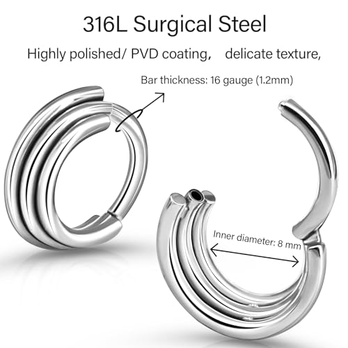16g 18g Surgical Steel Cartilage Hoops with Chains Designs 6mm 8mm 10mm 12mm Gold Hinged Nose Ring Hoop Segment Ring Clicker Septum Ring Daith Helix Conch Rook Piercing Jewelry - style: Silver 16G 8mm Triple Stacked