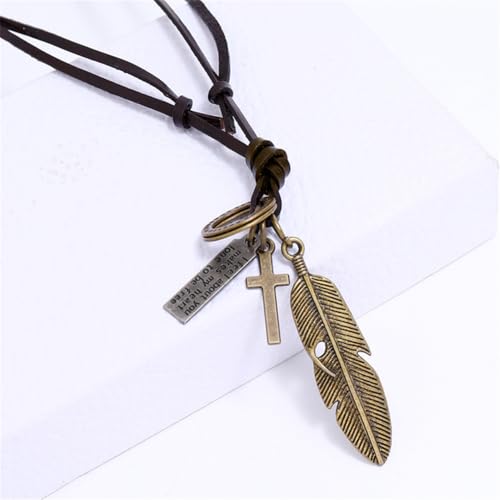 Leather Necklace with Stainless Steel Pendant for Men Women, Vintage Hemp Rope Tribal Choker Necklaces Adjustable 18-30 inch, Clasp-Free Long Necklace - color: Bronze Feather Pendant
