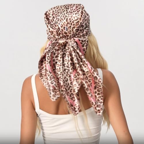 Leopard Print Head Scarf for Women Like Silk Satin Scarf for Hair Wrapping at Night Bandana Square Scarf 35 Inches - color: Pink