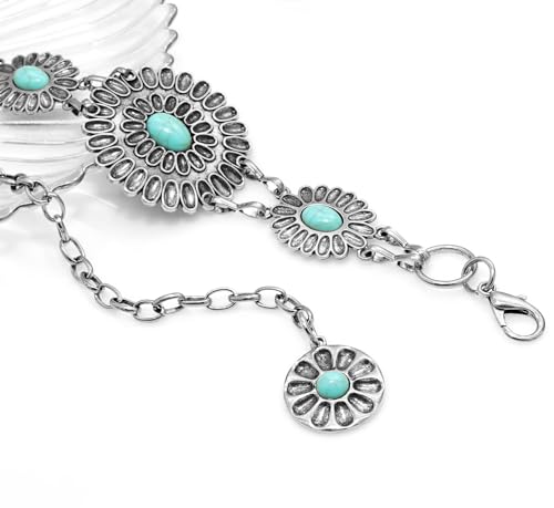 Women's Concho Chain Belt Western Cowgirl Metal Waist Chain Belt for Dress - color: E Turquoise Silver, size: S: 41.3 in