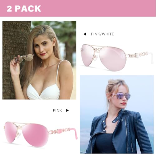 FONHCOO Aviator Sunglasses for Women Men Metal Frame UV400 Mirrored Sunglasses - color: Pink/White＆pink