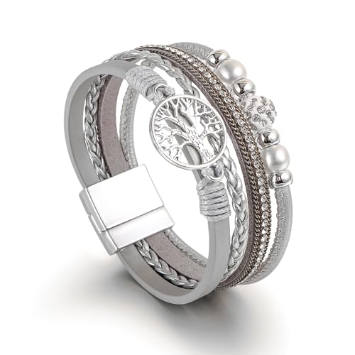 Edoneery Leather Wrap Bracelet for Women, Boho Handmade Multi-Layer Cuff with Crystal Beads Heart, Stackable Bangle Western Jewelry Gift - style: Tree of Life(Silver)