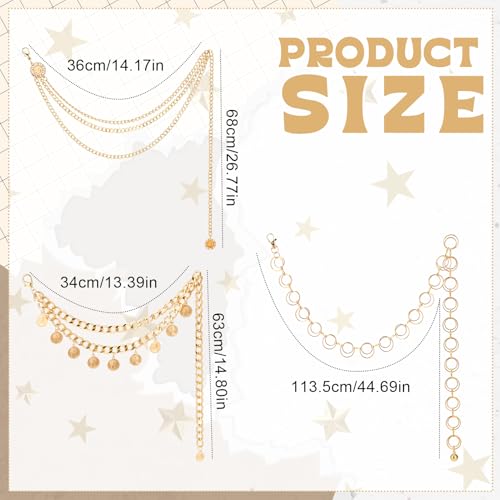 3Pcs Layered Waist Chains for Women Gold Multilayer Metal Adjustable Fashion Accessories Dress Hip Chain Belt - style: Fashionable Gold Retro