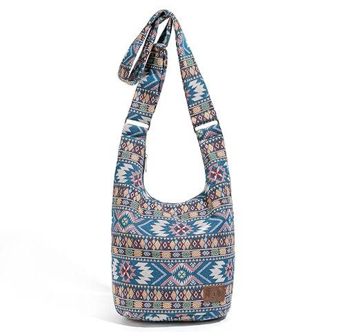 Coton Pose Women Hippie Crossbody Bag - Top Zip Large Capacity Canvas Sling Bag - Jacquard Cloth Handmade - color: Boho Blue