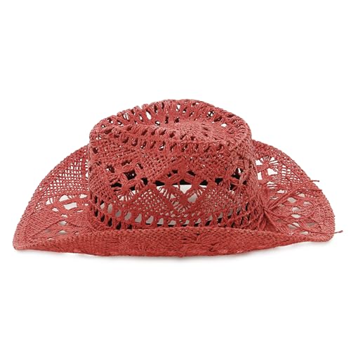 Men & Women's Summer Cowboy Cowgirl Straw Hat Hollow Out Woven Roll Up Wide Brim Sun Hat with Chin Strap - color: Red