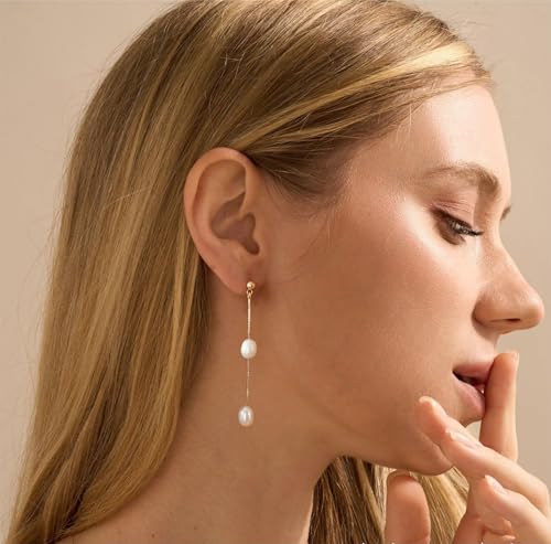 Hayopi Pearl Earrings for Women - Dainty Gold Dangle Drop Earrings, 14k Gold Plated Cute Bow Design, Hypoallergenic Pearl Studs, Wedding Jewelry Gifts - color: GOLD-2 dangle pearl earrings