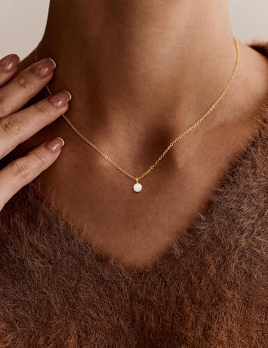 Opal Pendant Necklace for Women - Dainty 14k Gold Plated Jewelry Necklaces, Perfect Valentine's Day/Mother's Day Gift for Her, Mom, Girlfriend, Daughter - color: Round Opal-GD