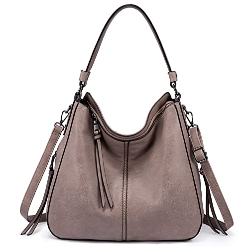 Realer Hobo Crossbody Bags for Women Designer Faux Leather Hobo Handbags Retro Large Size Shoulder Bag Bucket Purse - color: Ash-gun Black Hardware, size: Large-15.2 inch
