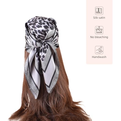 27.5 Inches Silk Head Scarf for Women Satin Hair Scarf Silk Wrap Neck Square Scarves Feeling Scarf Boho Headwear - color: Leopard Print. - Gray