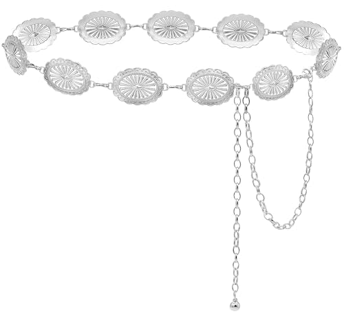 Women's Concho Chain Belt Western Cowgirl Metal Waist Chain Belt for Dress - color: A Silver, size: XL: 59 in