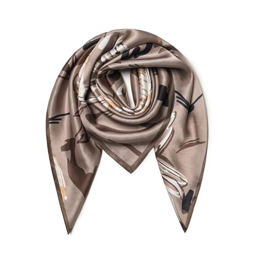 SHIROUYU 100% Pure Mulberry Silk Scarf 35" Large Square Lightweight Headscarf –Women’s Hair Wraps The shawl-With Gift Packed - color: Brown-20
