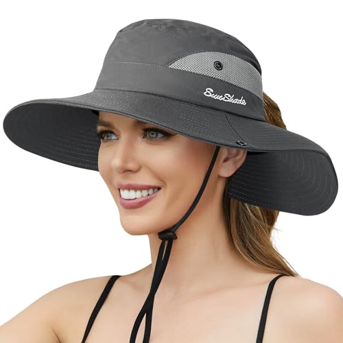 Womens Sun Hat - Sun Hats for Women with Ponytail Hole, Foldable Wide Brim Cooling Mesh Beach Fishing Hat for Outdoor - color: Grey