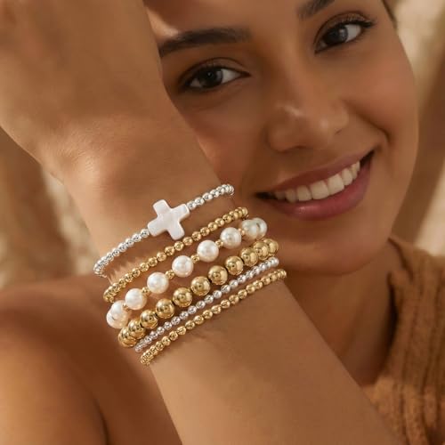 14K Gold Plated Pearl Beaded Cross Bracelets Stack Set for Women,Stretch Boho Colorful Christian Beads Ball Jewelry Friendship Summer Trendy Gift - color: White Ball