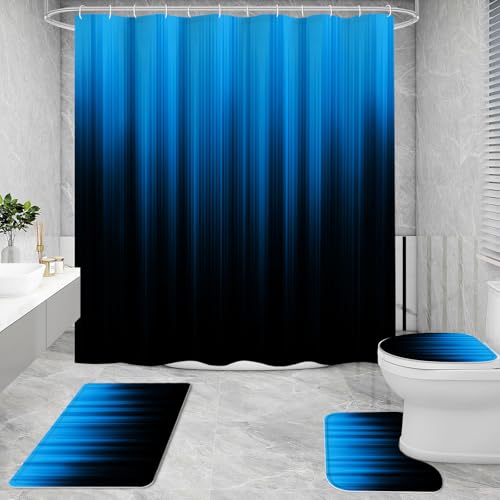 Litabel 4 Pcs Blue and Black Gradient Shower Curtain Set with Rugs and Toilet Lid Cover, Modern Simple Waterproof Fabric Bathroom Set, Ombre Stripe Gothic Abstract Bathroom Decor Set Accessories - color: Blue